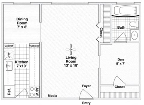Floor plan for studio, 1 bath, 600 sqft